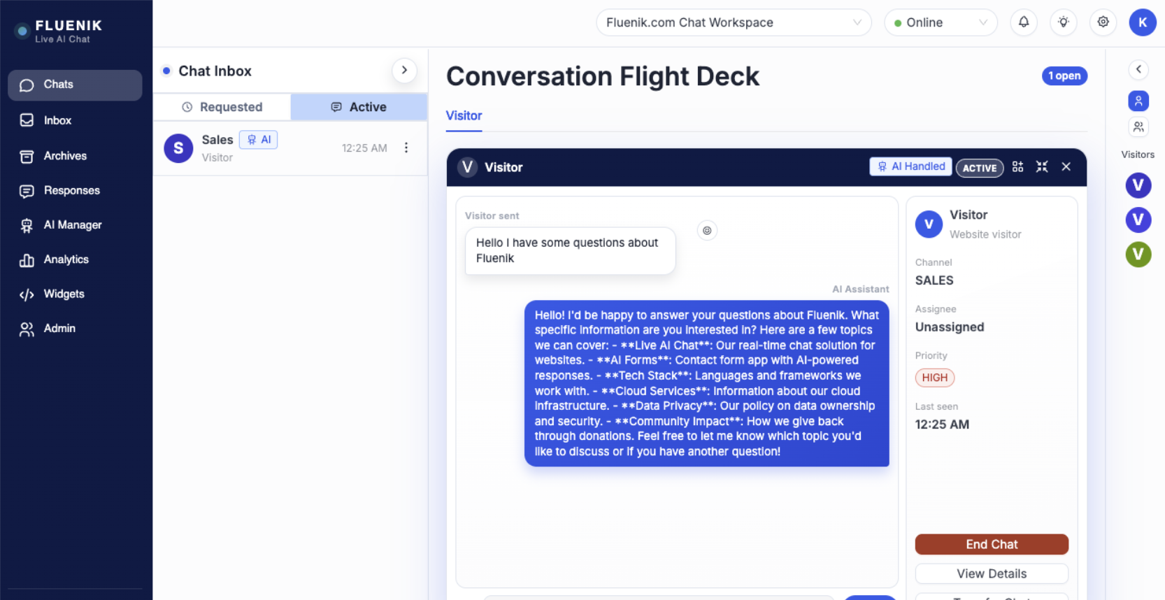 Fluenik Live AI Chat operator interface